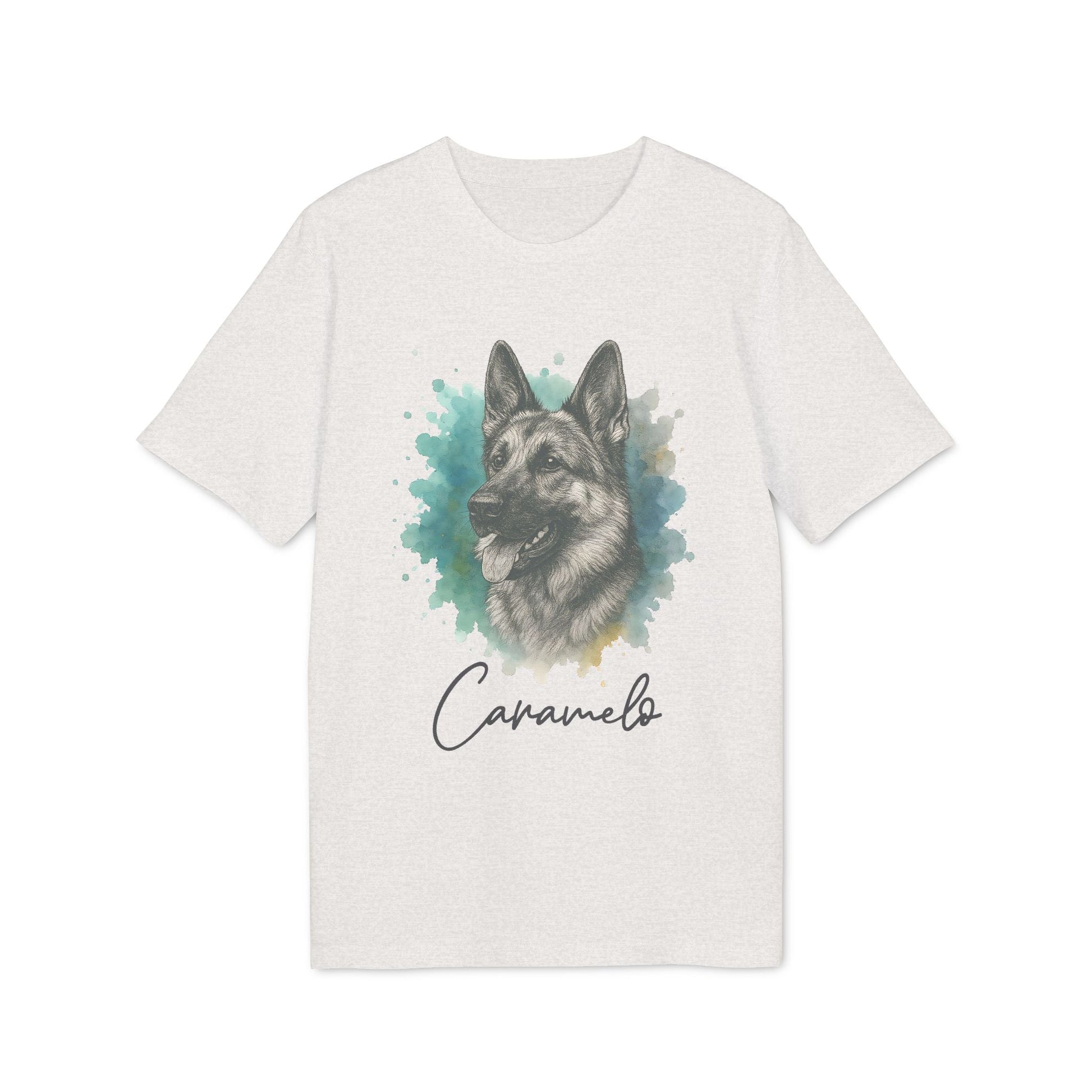 German Sheppard Personalized 100% Organic Cotton T-Shirt with German Shepherd portrait and name Caramelo on white tee