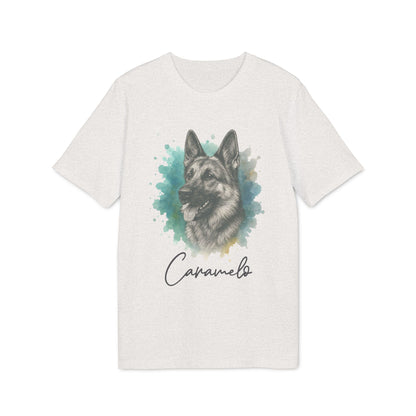 German Sheppard Personalized 100% Organic Cotton T-Shirt with German Shepherd portrait and name Caramelo on white tee