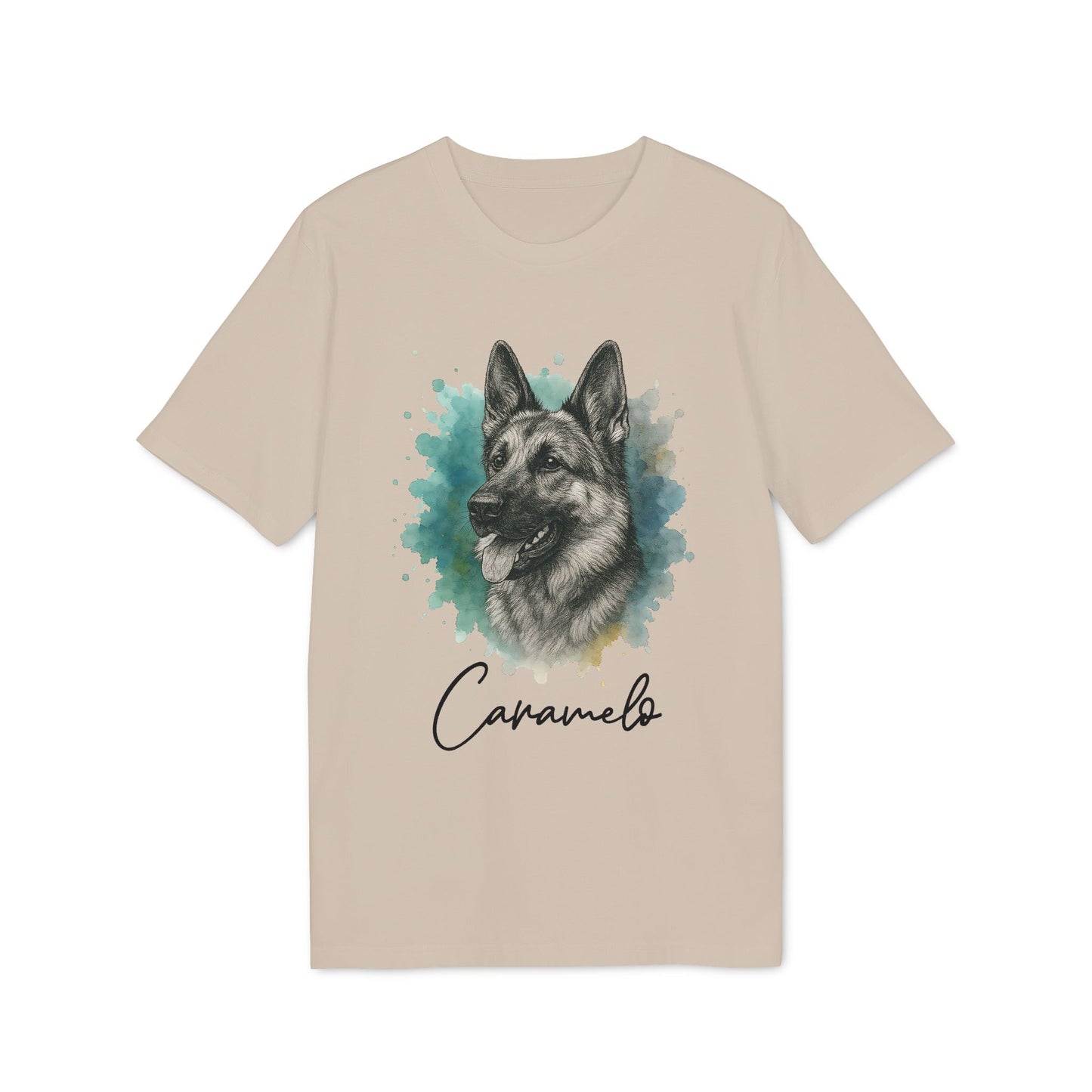 German Sheppard Personalized 100% Organic Cotton T-Shirt with German Shepherd portrait graphic and custom name “Caramelo”