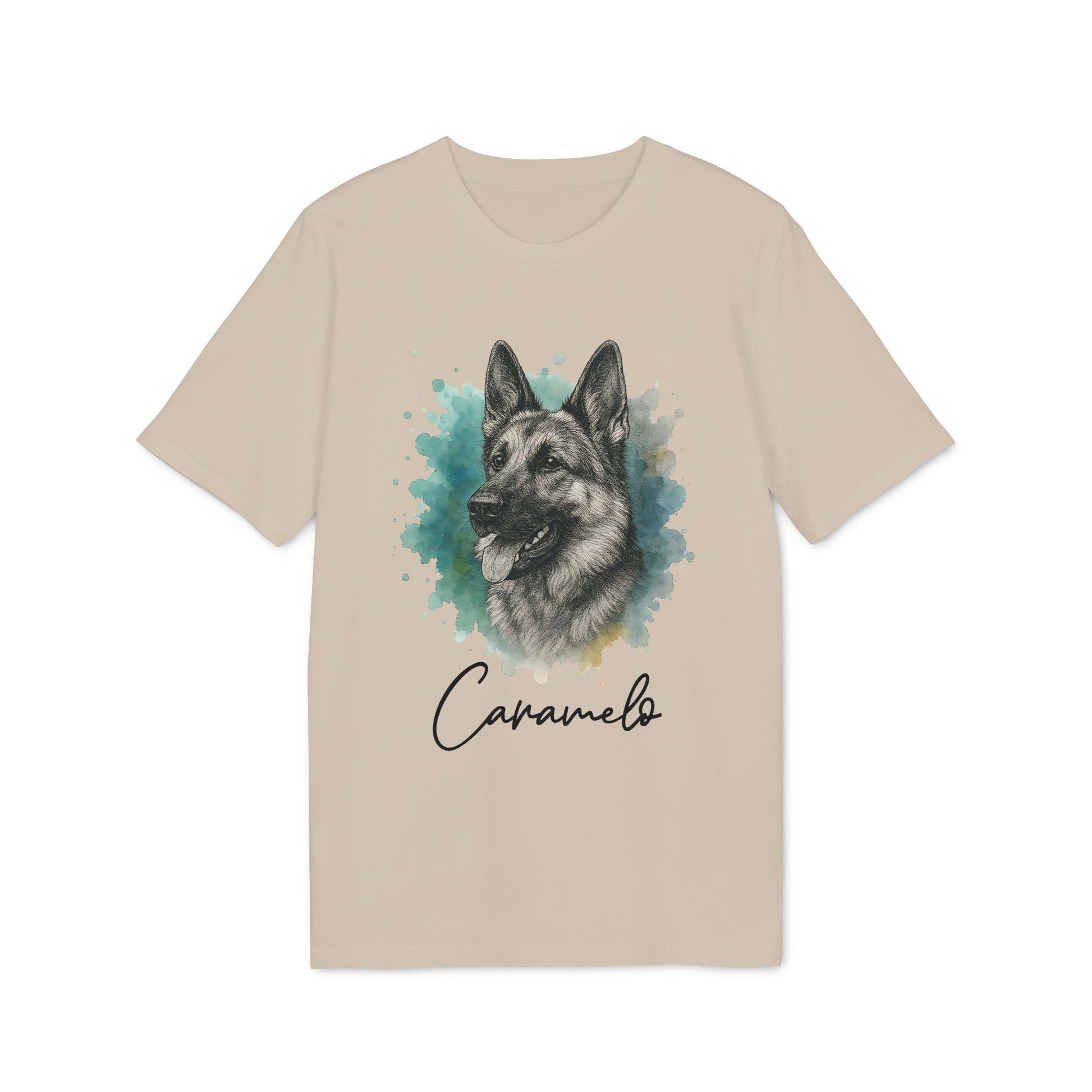 German Sheppard Personalized 100% Organic Cotton T-Shirt with German Shepherd portrait graphic and custom name “Caramelo”