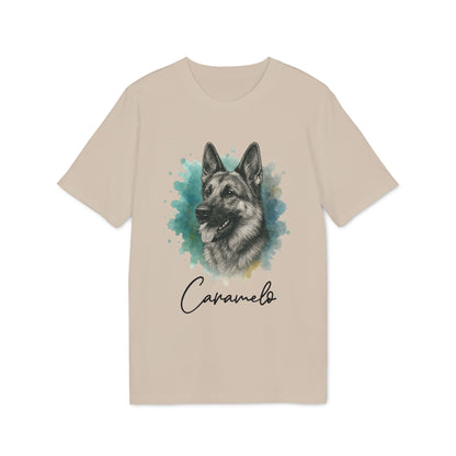 German Sheppard Personalized 100% Organic Cotton T-Shirt with German Shepherd portrait graphic and custom name “Caramelo”