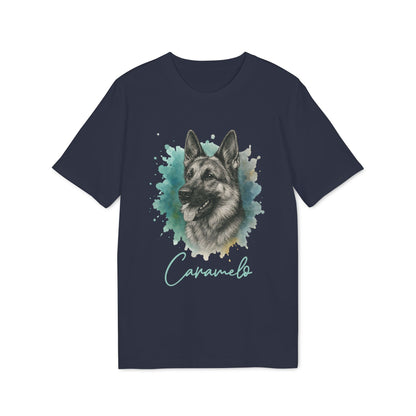German Sheppard Personalized 100% Organic Cotton T-Shirt, navy tee with German Shepherd portrait and "Caramelo" name