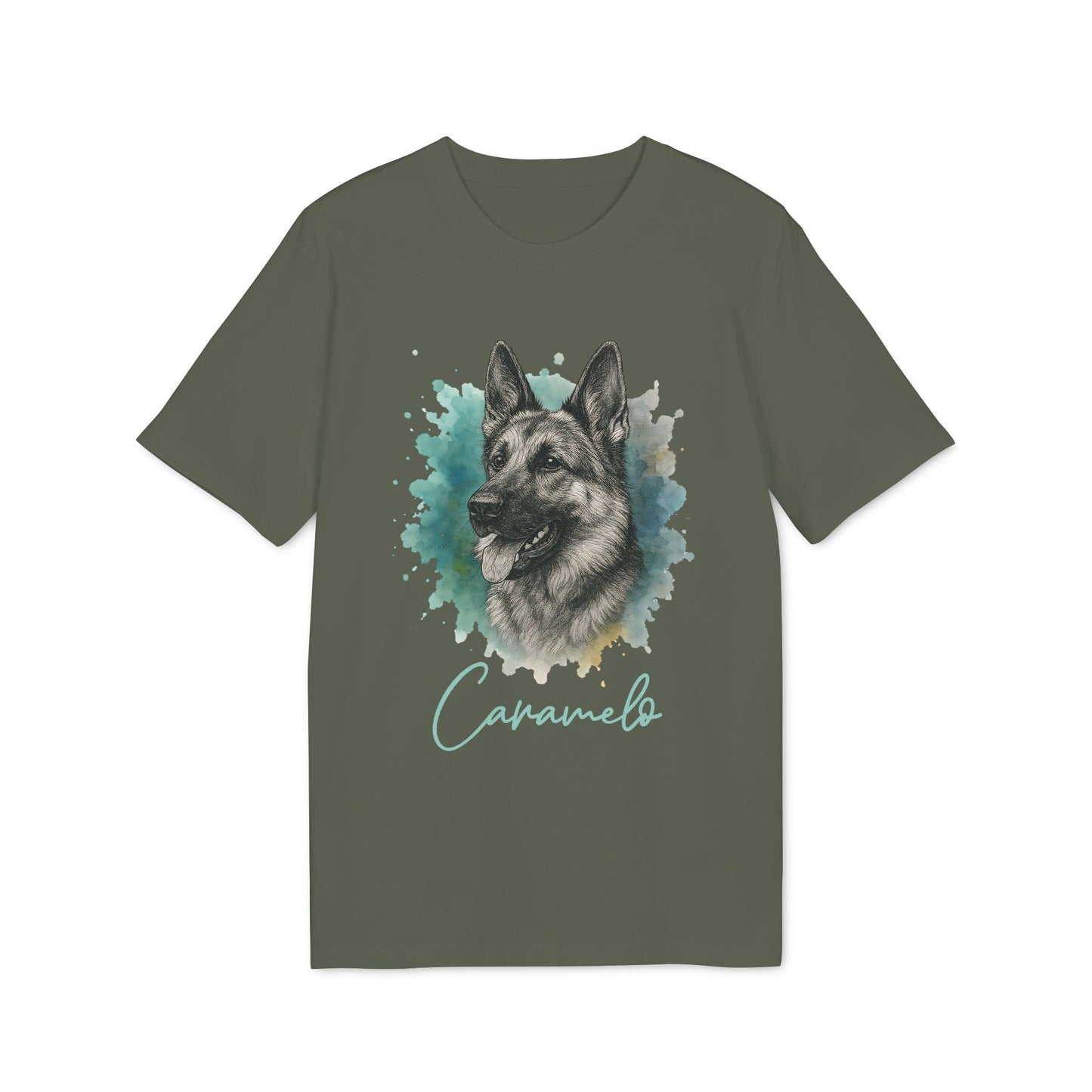German Sheppard Personalized 100% Organic Cotton T-Shirt with German Shepherd portrait and name "Caramelo" graphic