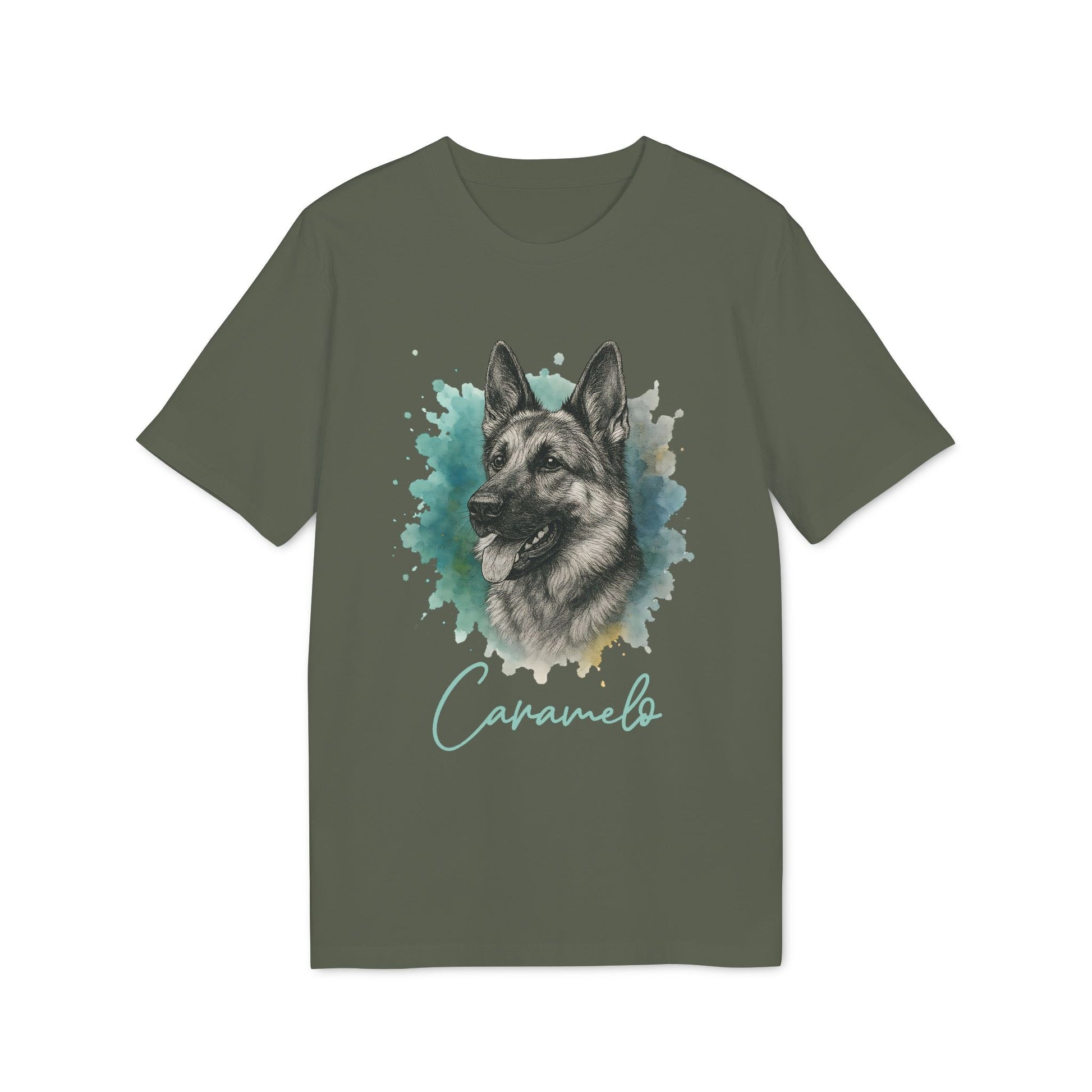 German Sheppard Personalized 100% Organic Cotton T-Shirt with German Shepherd portrait and name "Caramelo" graphic