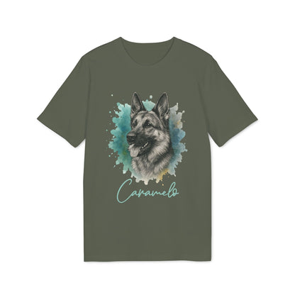 German Sheppard Personalized 100% Organic Cotton T-Shirt with German Shepherd portrait and name "Caramelo" graphic