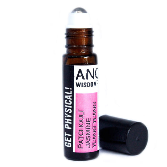 Alt Tag: Get Physical Essential Oil Roll-On – 10ML amber glass roll-on bottle with black cap, patchouli jasmine ylang ylang blend
