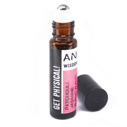 Get Physical Essential Oil Roll-On – 10ML frasco roll-on de aceites esenciales naturales, botella ámbar con tapa negra, aroma Patchouli Ylang Ylang