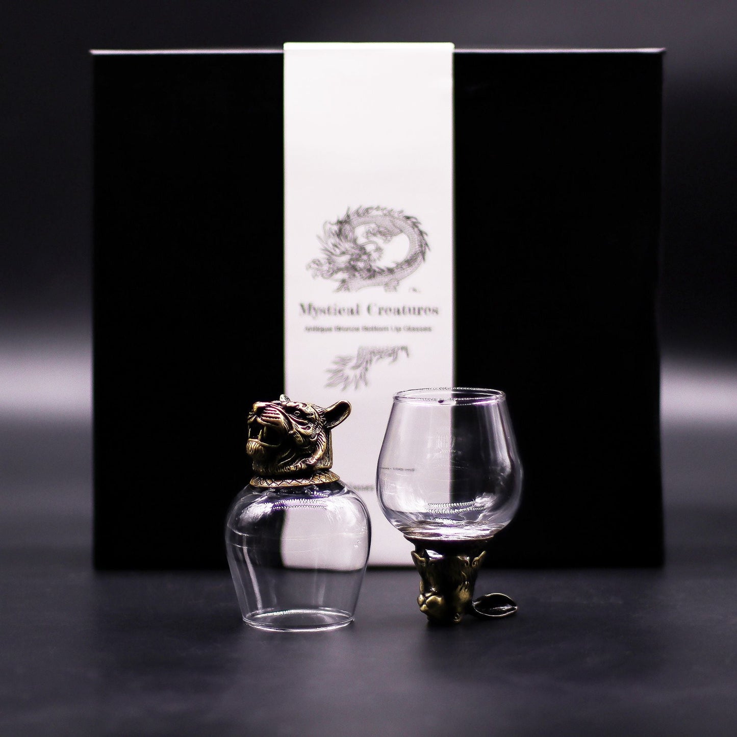 Gift Set of 6 Glasses (100 ML) – Mystical Creatures – Antique Bronze with antique bronze-style mythical creature holders and 100 ml glass