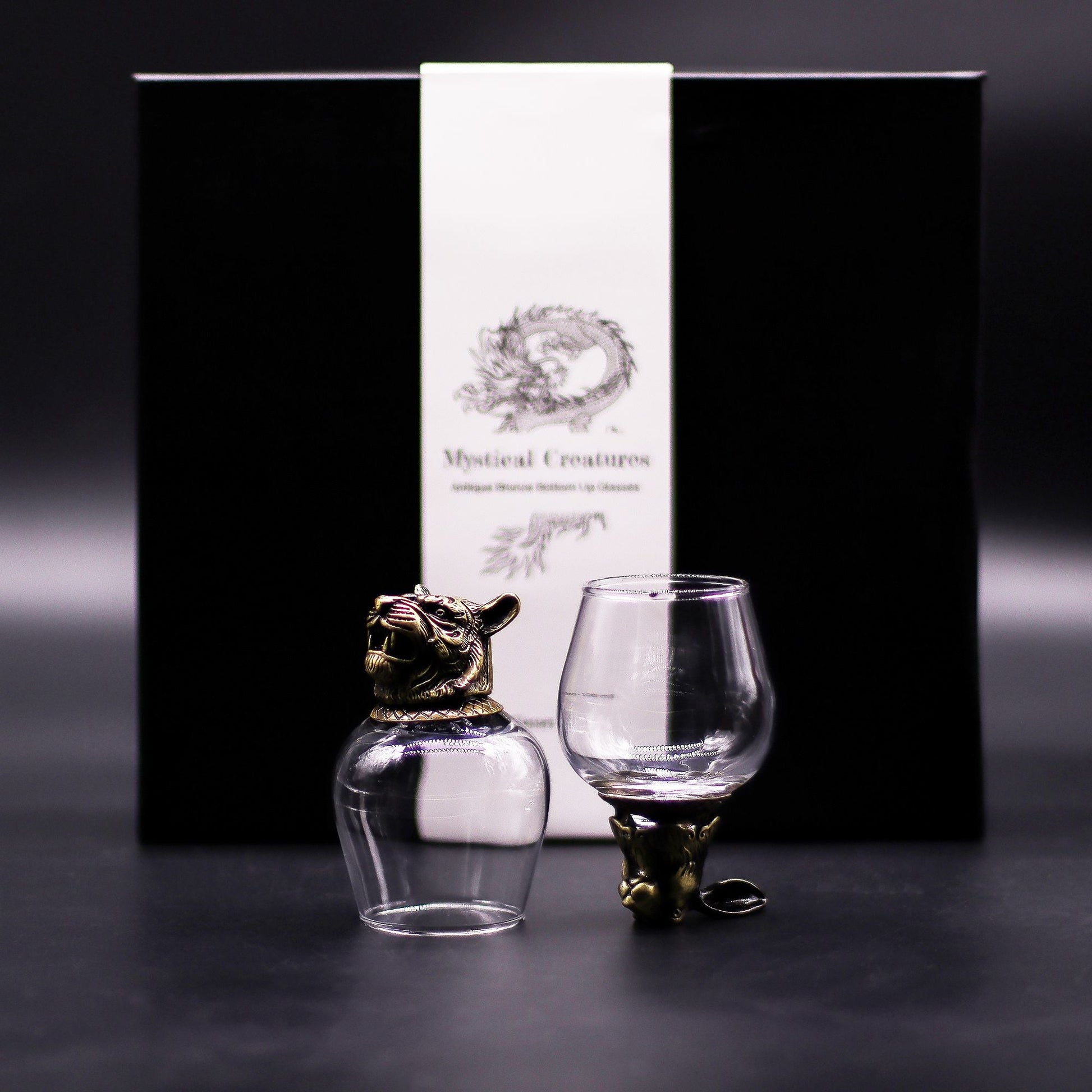 Gift Set of 6 Glasses (100 ML) – Mystical Creatures – Antique Bronze with antique bronze-style mythical creature holders and 100 ml glass