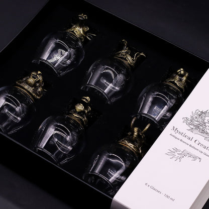 Gift Set of 6 Glasses (100 ML) – Mystical Creatures – Antique Bronze in box, 6 glass cups with antique bronze-style mythical holders