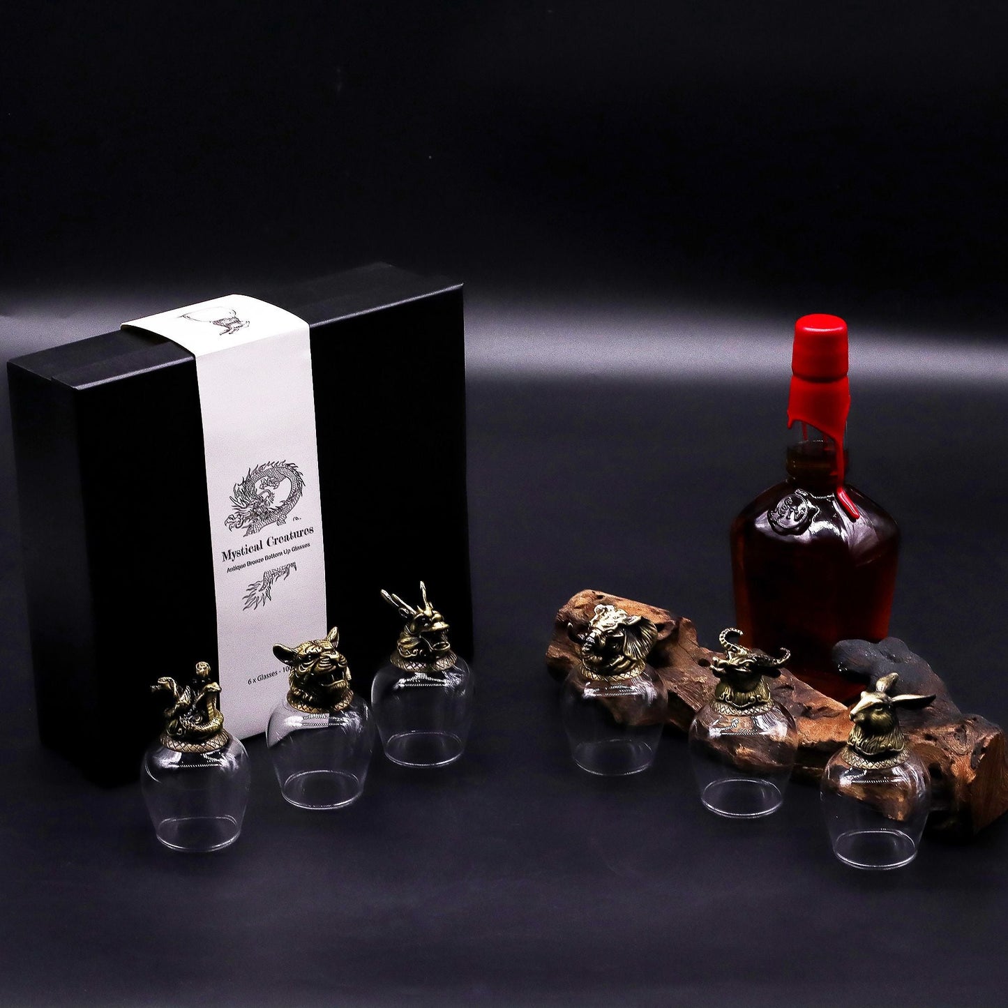 Gift Set of 6 Glasses (100 ML) – Mystical Creatures – Antique Bronze with antique bronze-style holders, gift box and bottle display