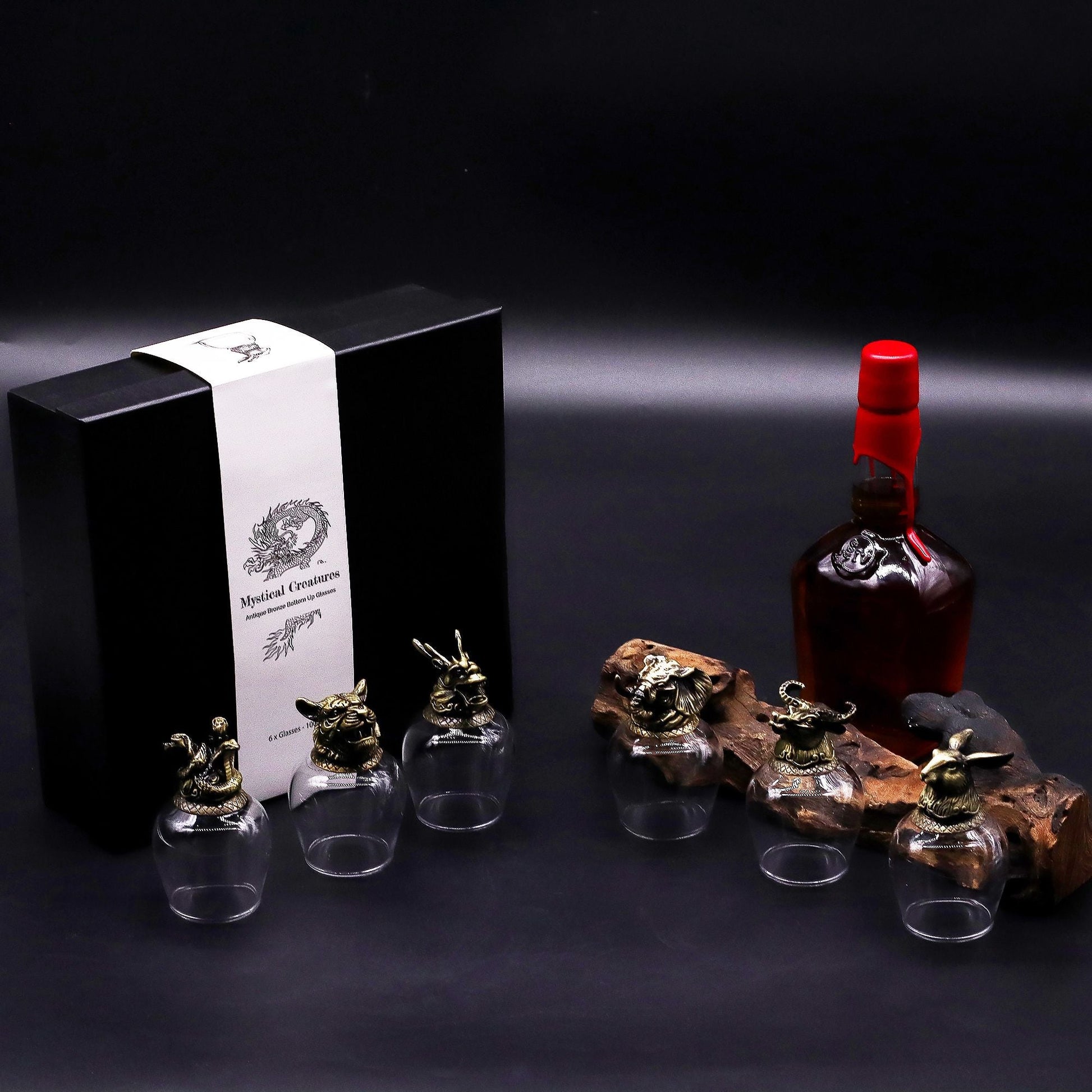 Gift Set of 6 Glasses (100 ML) – Mystical Creatures – Antique Bronze with antique bronze-style holders, gift box and bottle display