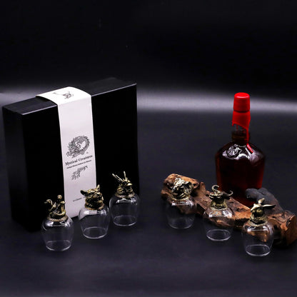Gift Set of 6 Glasses (100 ML) – Mystical Creatures – Antique Bronze with antique bronze-style holders, gift box and bottle display
