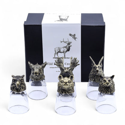 Alt-tagg: Presentset med 6 shotglas (50 ML) – Wild Forest Creatures – antikbrons med hållare i antikbrons med skogsdjurstema