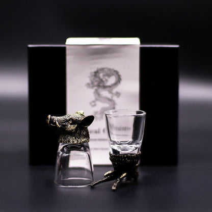 Presentset med 6 shotglas (50 ML) – Vilda skogsdjur – Antikbrons, shotglas med vildsvinshållare i brons och ask