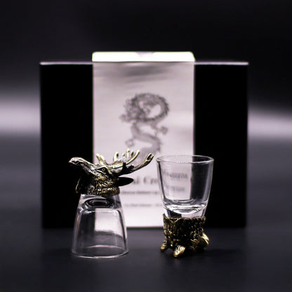 Alt Tag: Presentset med 6 snapsglas (50 ML) – Vilda skogsdjur – antikbrons med hjort- och vildsvinshållare i antikbrons