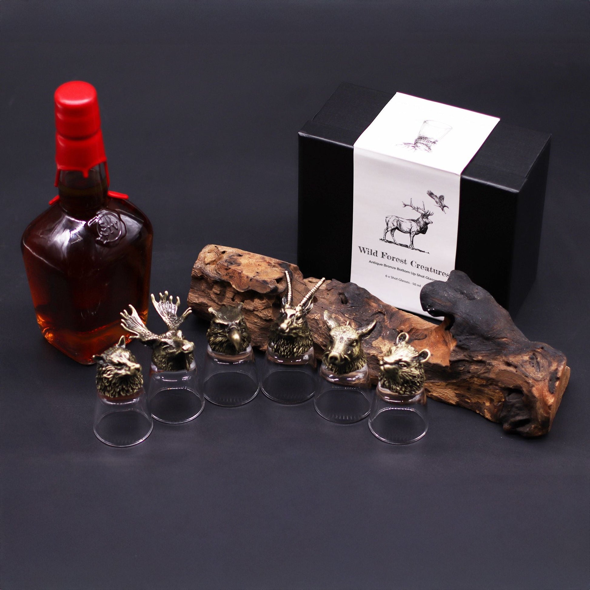 Alt Tagg: Presentset med 6 shotglas (50 ML) – vilda skogsdjur – antik brons med djurhållare i antik brons och presentask