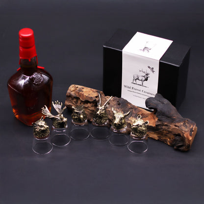 Alt Tagg: Presentset med 6 shotglas (50 ML) – vilda skogsdjur – antik brons med djurhållare i antik brons och presentask