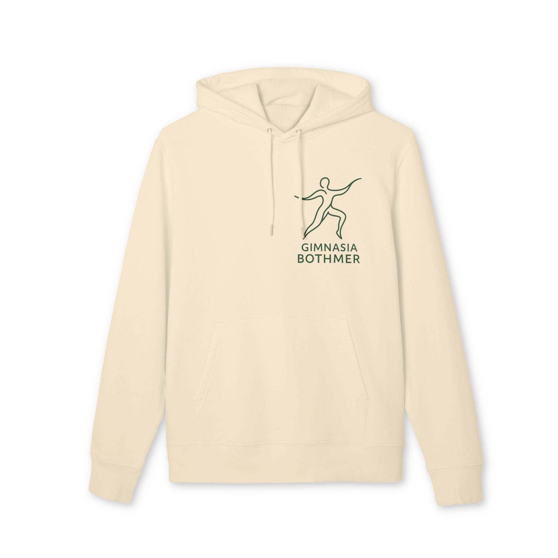 Gimnasia Bothmer 100% Organic Cotton Hoodie beige con capucha y cordón, logo Gimnasia Bothmer en el pecho