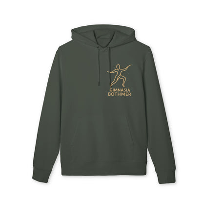 Alt Tag: Gimnasia Bothmer 100% Organic Cotton Hoodie in dark green with front logo, pullover style with hood and drawstrings