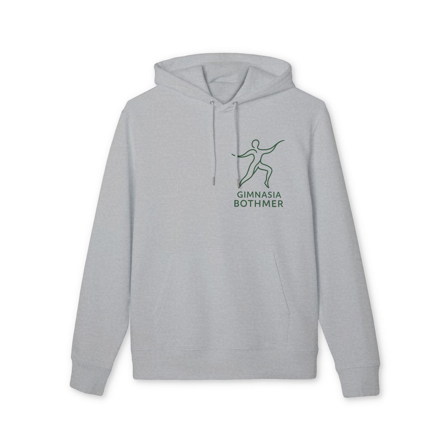 Alt Tag: Gimnasia Bothmer 100% Organic Cotton Hoodie gris con capucha y cordones, logo Gimnasia Bothmer en el pecho