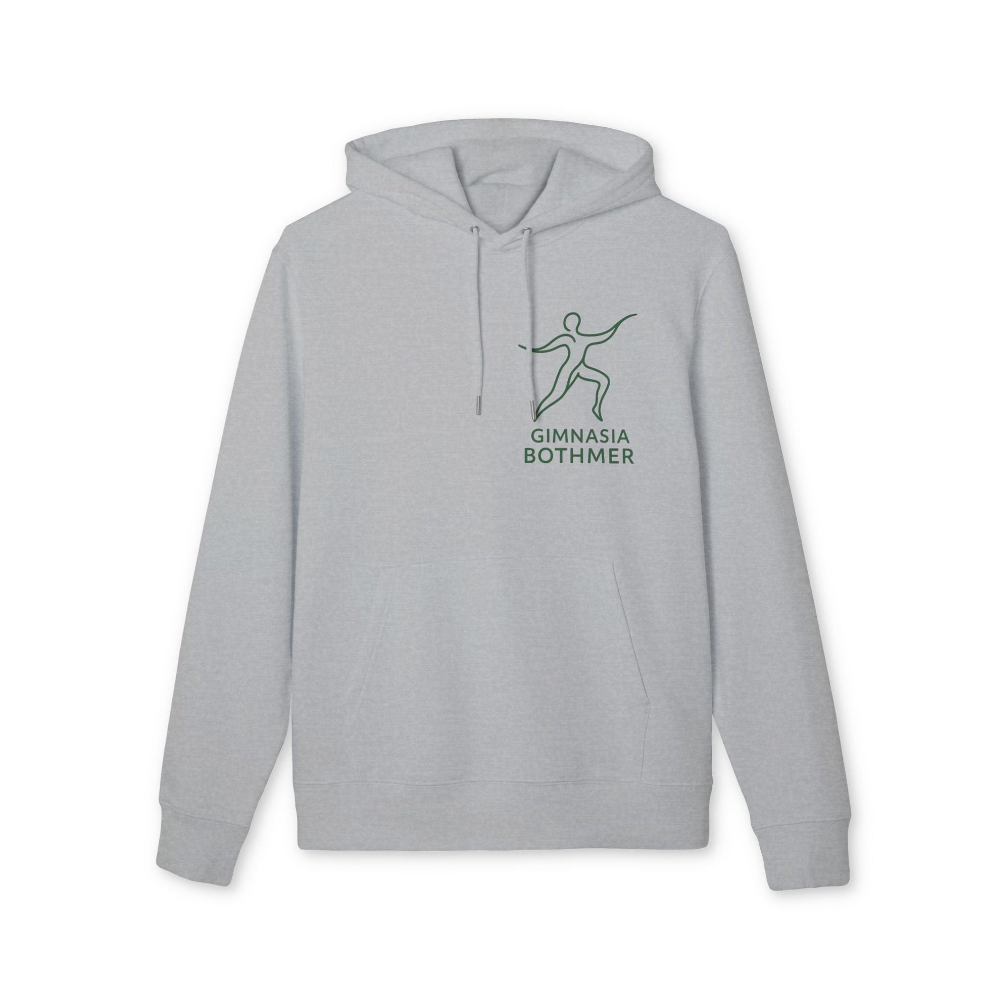 Alt Tag: Gimnasia Bothmer 100% Organic Cotton Hoodie gris con capucha y cordones, logo Gimnasia Bothmer en el pecho