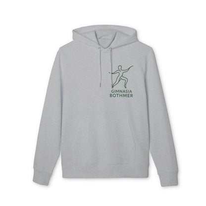 Alt Tag: Gimnasia Bothmer 100% Organic Cotton Hoodie gris con capucha y cordones, logo Gimnasia Bothmer en el pecho