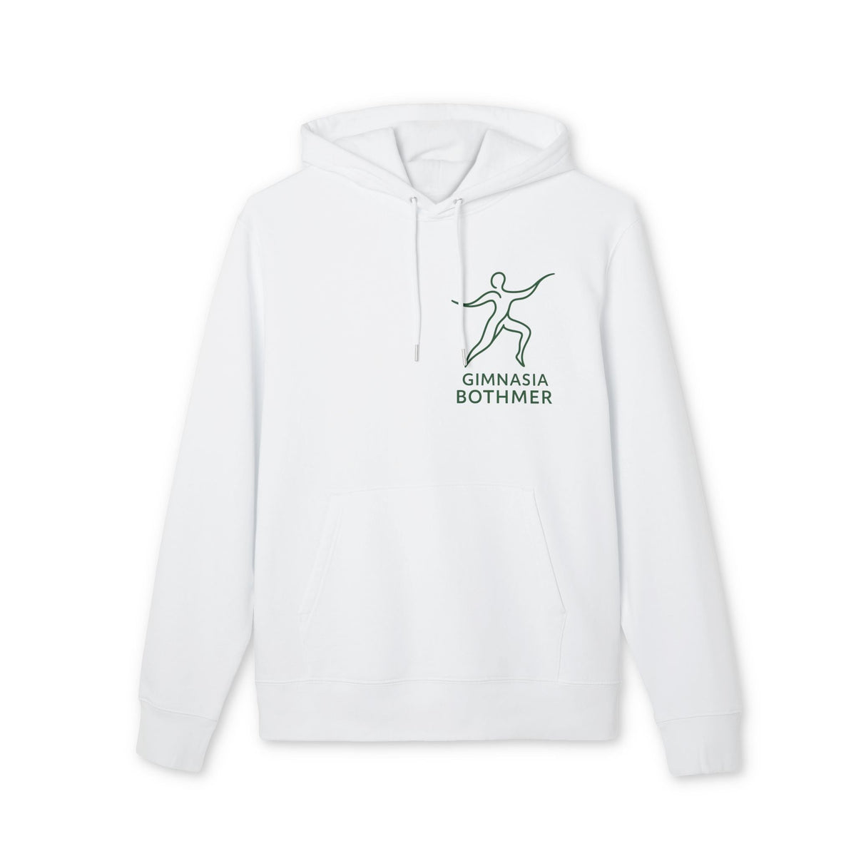 Alt Tag: Gimnasia Bothmer 100% Organic Cotton Hoodie blanco con capucha y bolsillo canguro, logo Gimnasia Bothmer en el pecho