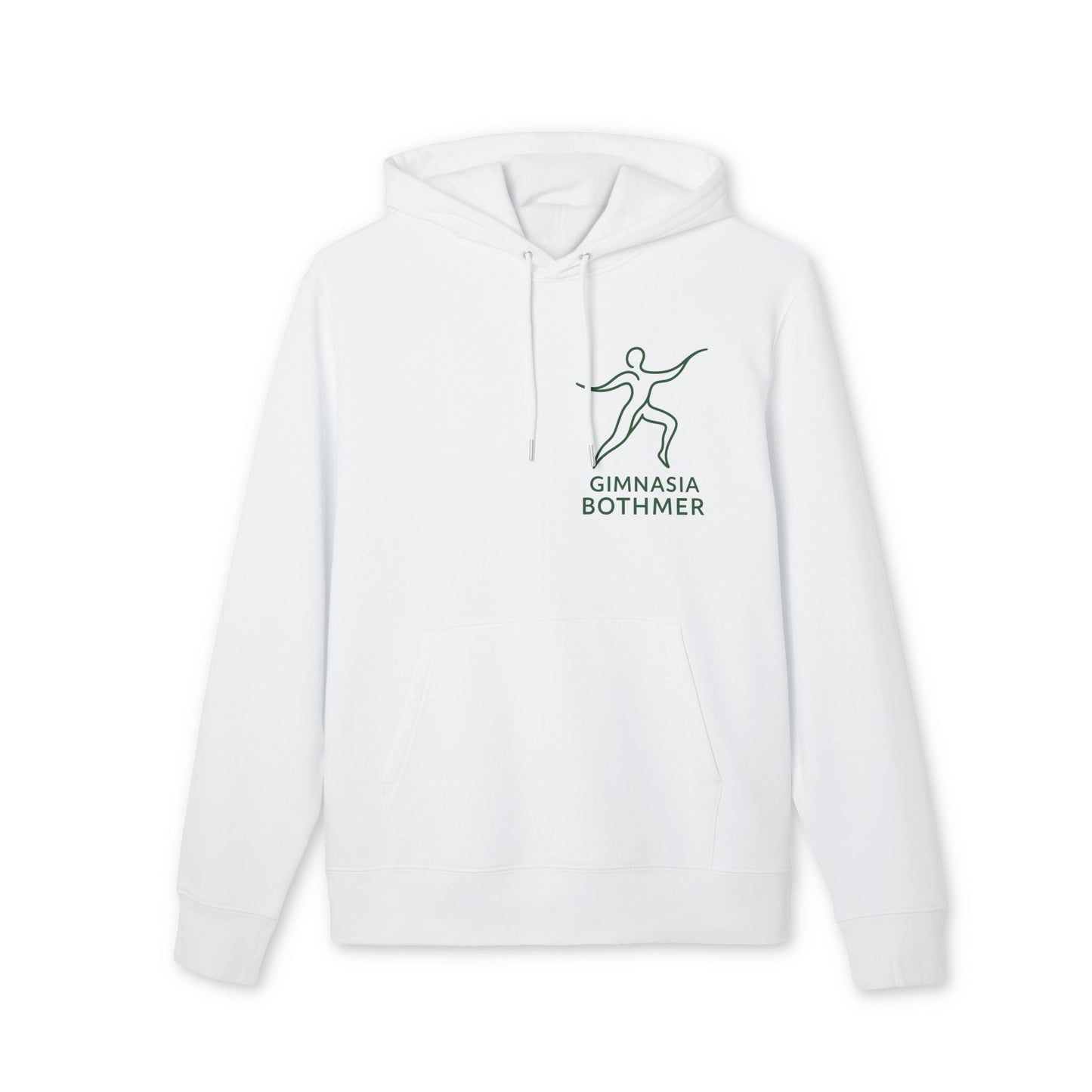 Alt Tag: Gimnasia Bothmer 100% Organic Cotton Hoodie blanco con capucha y bolsillo canguro, logo Gimnasia Bothmer en el pecho