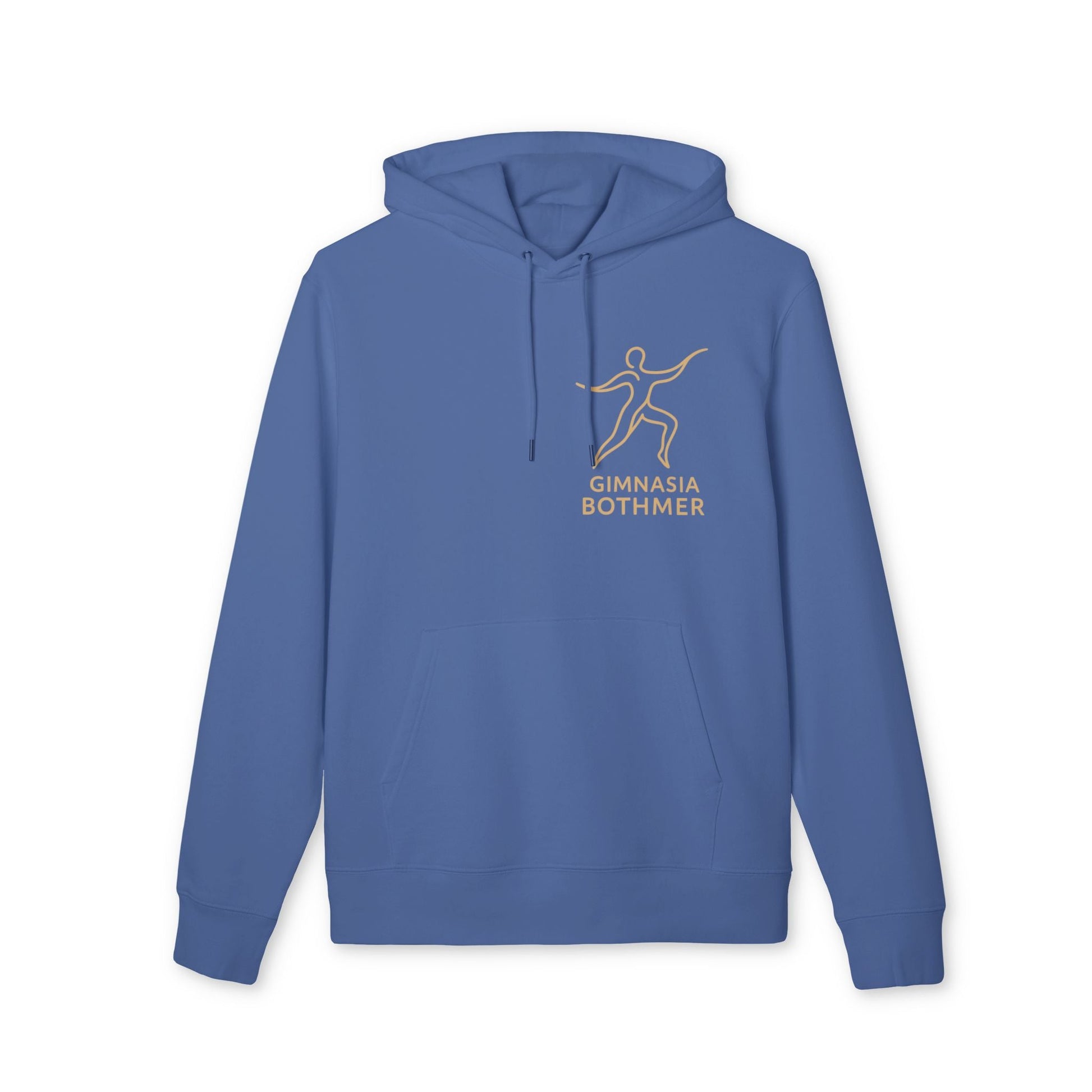 Alt Tag: Gimnasia Bothmer 100% Organic Cotton Hoodie azul con capucha y bolsillo canguro, logo Gimnasia Bothmer en el pecho