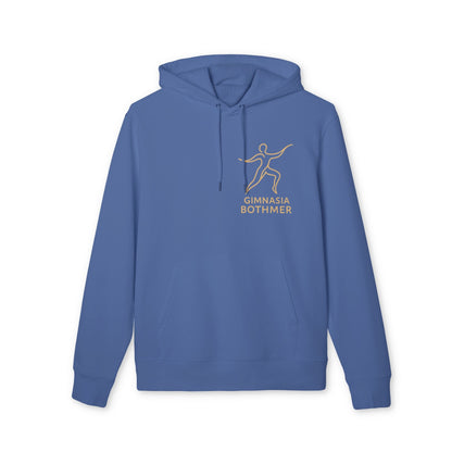 Alt Tag: Gimnasia Bothmer 100% Organic Cotton Hoodie azul con capucha y bolsillo canguro, logo Gimnasia Bothmer en el pecho