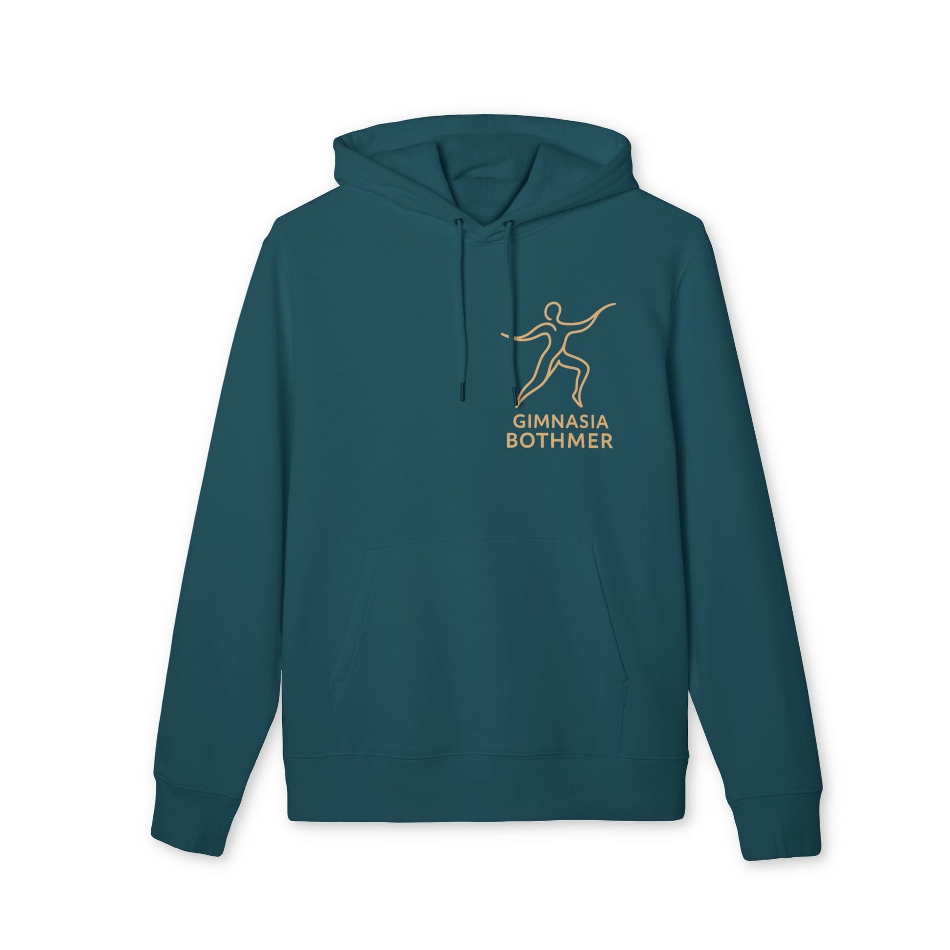 Alt Tag: Gimnasia Bothmer 100% Organic Cotton Hoodie teal pullover with hood and front logo graphic