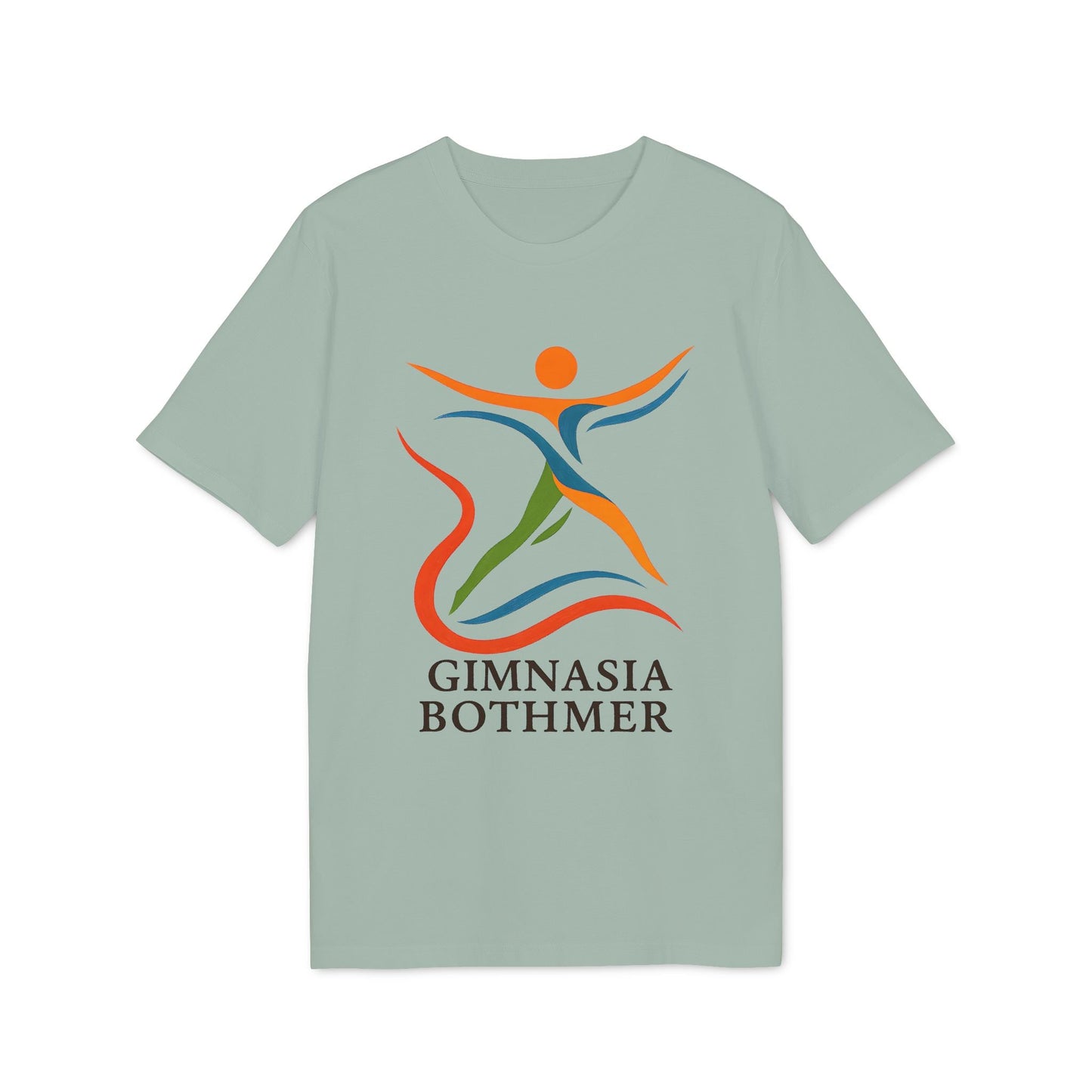 Alt Tag: Gimnasia Bothmer Organica 100% Organic Cotton T-Shirt in sage green with colorful Gimnasia Bothmer logo graphic