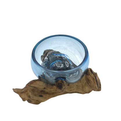 Alt Tag: Glamourös glasskål – Mini 12x6x7 CM blå glasskål i smält glas på hållbar Gamal-träbas, handgjord rustik modern inredning