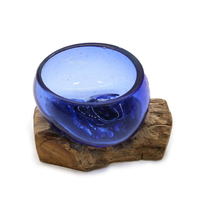 Glamorös glasskål – Mini 12x6x7 CM skål i blått smält glas på naturlig Gamal-träbas, handgjord dekorativ miniskål