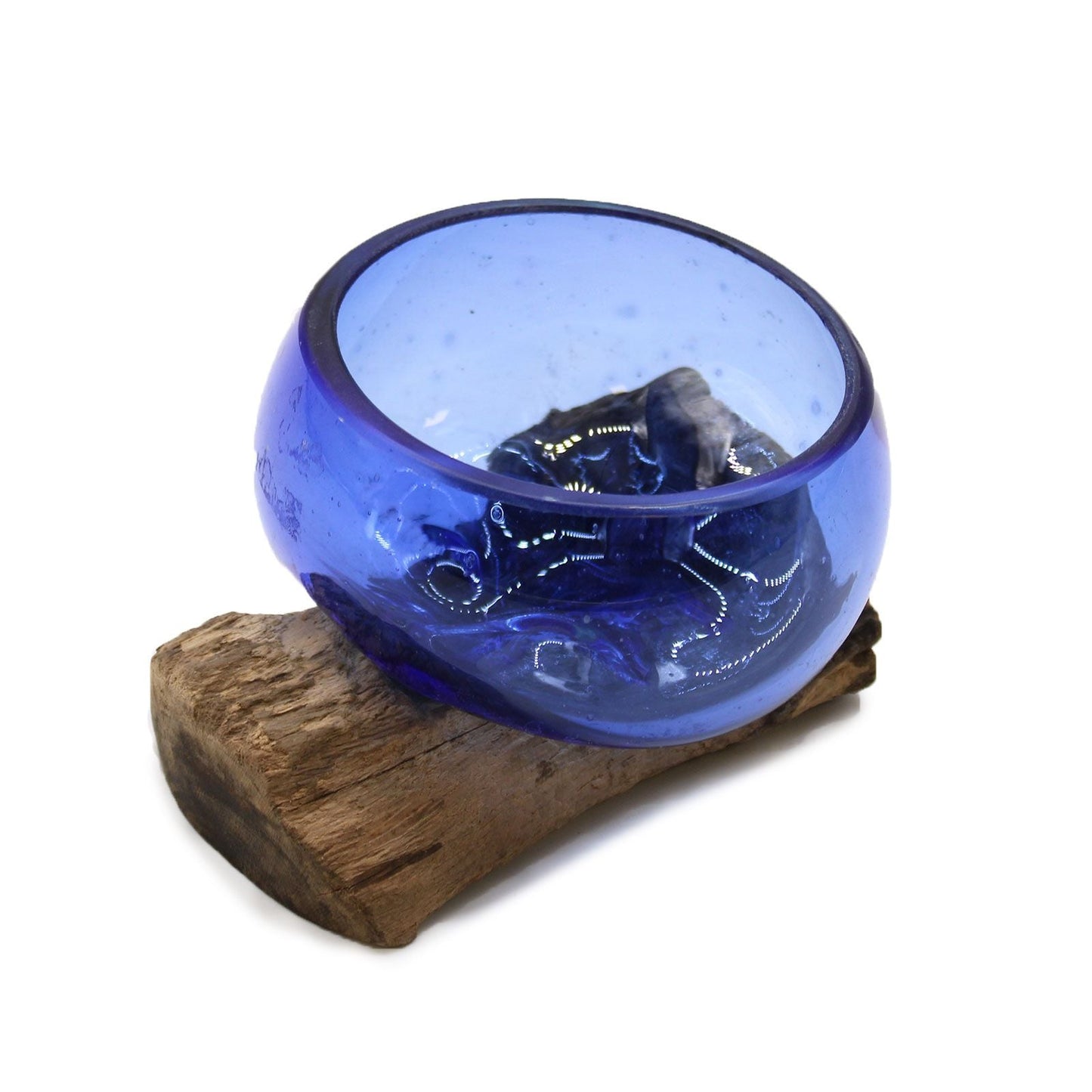 Glamorös glasskål – Mini 12x6x7 CM, handgjord skål i blått smält glas på en naturlig Gamal-träbas, rustik modern inredning