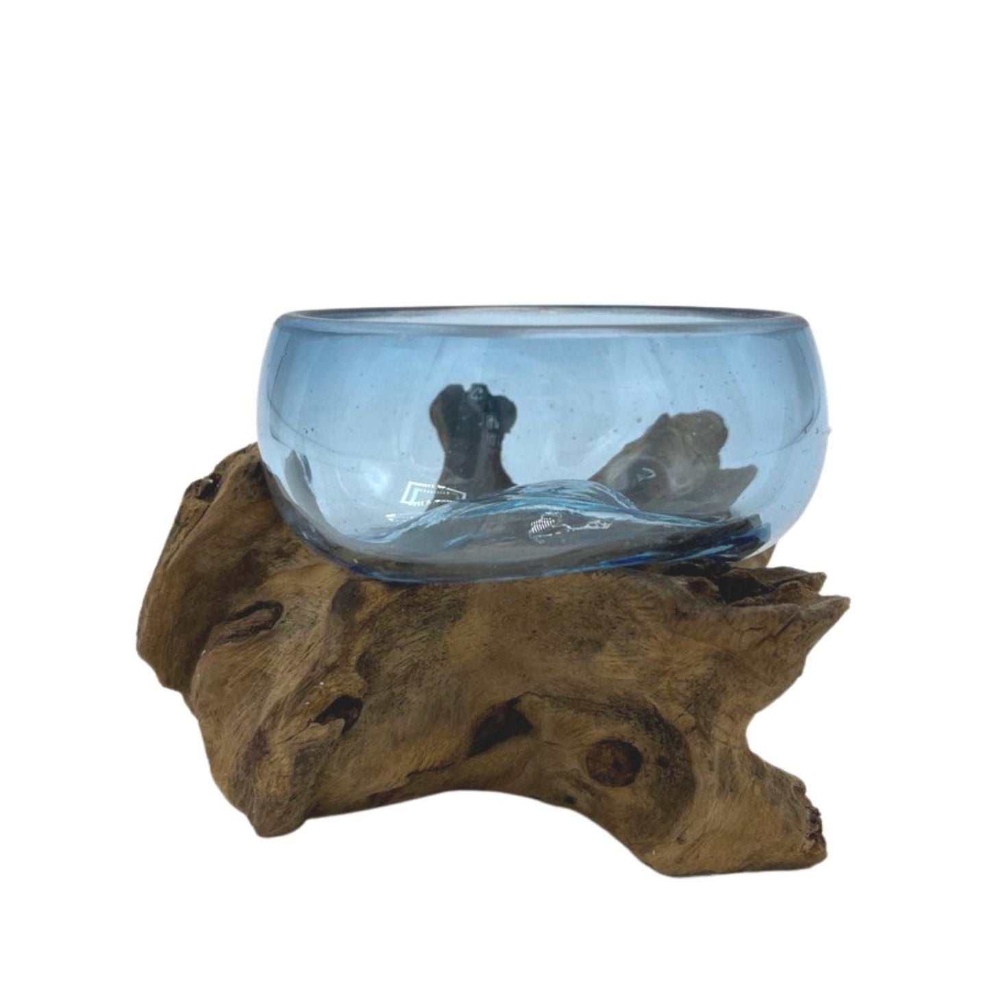 Alt Tag: Glamourös skål i glas – Mini 12x6x7 CM, handgjord skål i blått smält glas på naturlig Gamal-träbas, rustik modern inredning