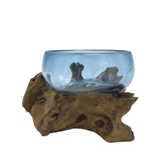 Alt Tag: Glamorous Glass Bowl – Mini 12x6x7 CM, handmade blue molten glass bowl on natural Gamal wood base, rustic modern decor