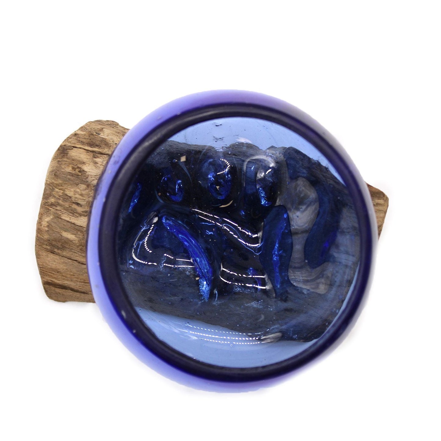Alt Tag: Glamourös glasskål – Mini 12x6x7 CM, handgjord blå skål i smält glas på hållbar Gamal-träbas, sedd uppifrån