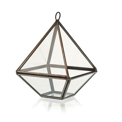 Alt Tag: Glass & Brass Diamond Terrarium – 10x10x14.5 CM diamond-shaped clear glass terrarium with brass frame and hanging loop