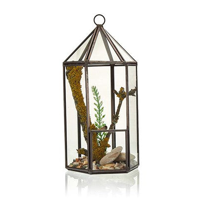 Glass & Brass Terrarium – Lantern Geometric 20 CM de vidrio y latón, forma de linterna geométrica, 20 cm, con elementos decorativos