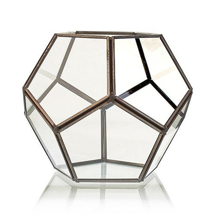 Glass & Brass Terrarium – Large Octagon with clear glass panels and brass frame, octagonal geometric tabletop planter container