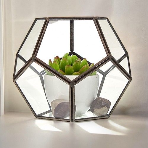 Alt Tag: Glass & Brass Terrarium – Large Octagon with clear glass panels, brass frame, white pot succulent and decorative stones