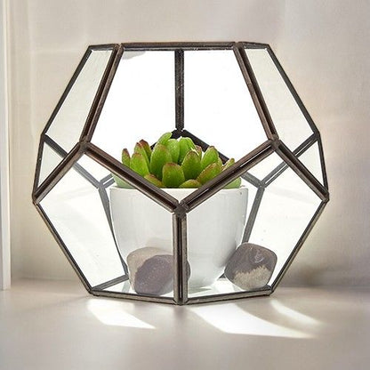 Alt Tag: Glass & Brass Terrarium – Large Octagon with clear glass panels, brass frame, white pot succulent and decorative stones