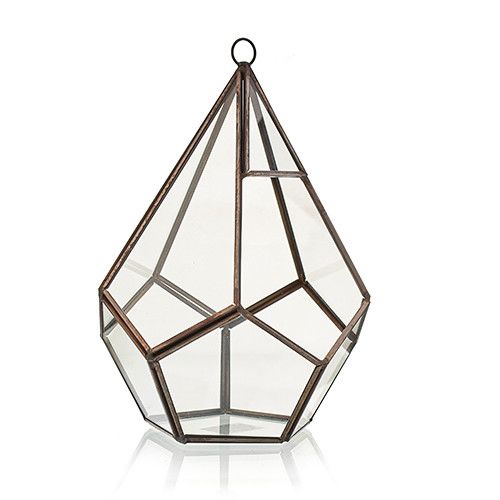 Alt Tag: Glass & Brass Terrarium – Large Pyramid, clear glass panels with brass frame geometric hanging planter, 14x14x21 cm