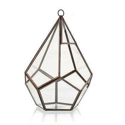 Alt Tag: Glass & Brass Terrarium – Large Pyramid, clear glass panels with brass frame geometric hanging planter, 14x14x21 cm
