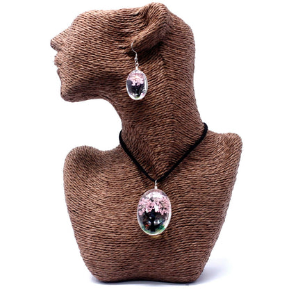 Glass & Flowers Jewelry – Tree of Life, Pink necklace and matching earrings with pressed pink flowers in glass pendant set