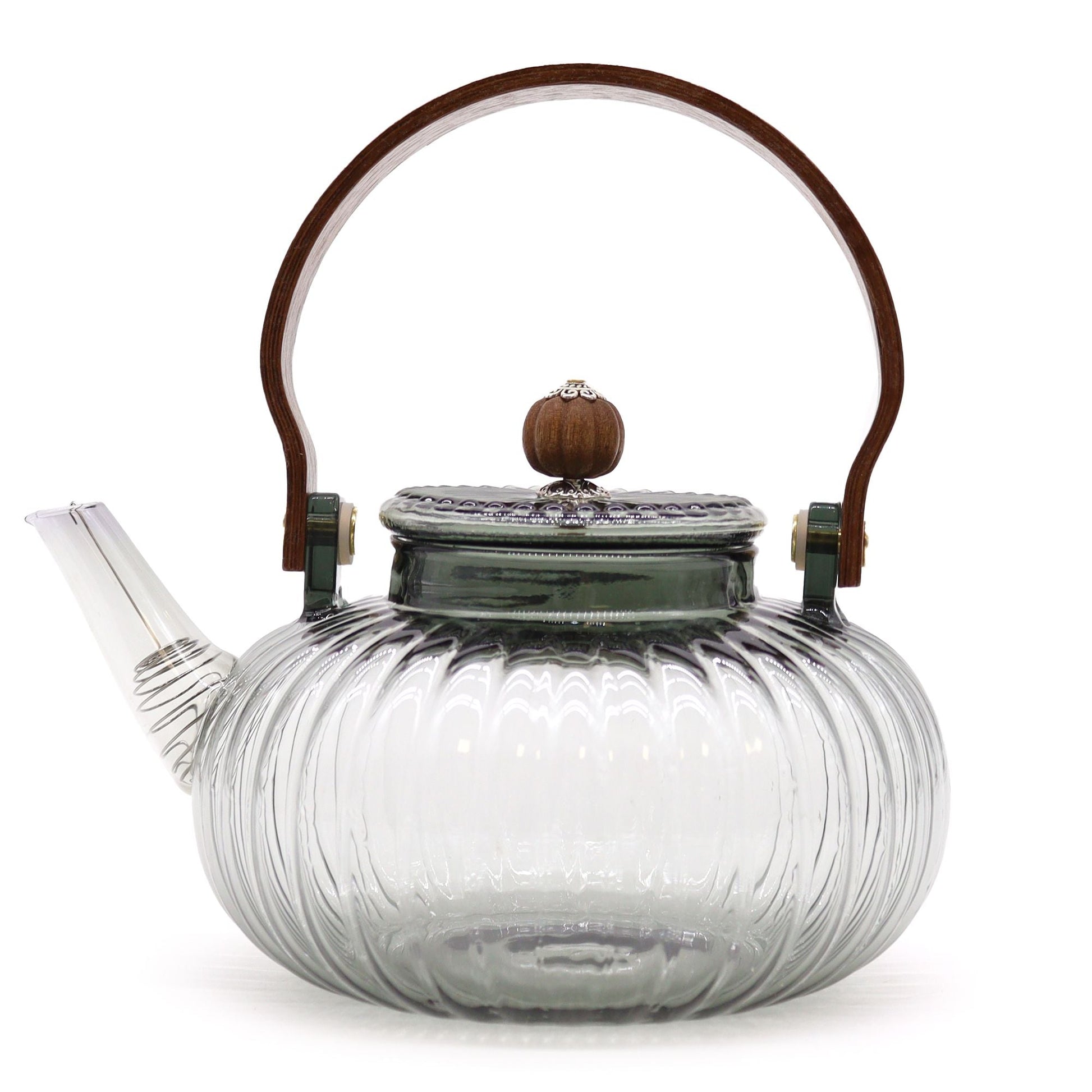 Glass Infuser Teapot – Charcoal Ribbed Pearl – 950 ML ribbed borosilicate glass teapot with charcoal lid and pearl-style handle