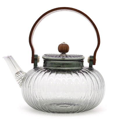 Glass Infuser Teapot – Charcoal Ribbed Pearl – 950 ML ribbed borosilicate glass teapot with charcoal lid and pearl-style handle