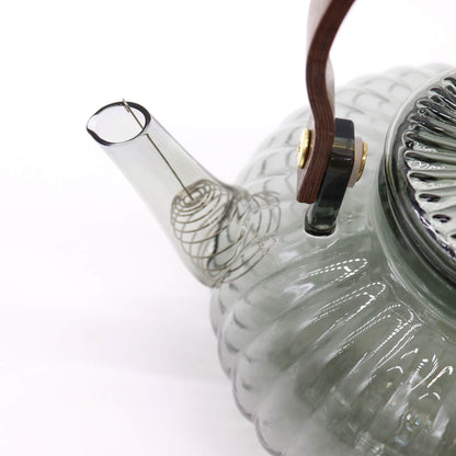 Alt Tag: Glass Infuser Teapot – Charcoal Ribbed Pearl – 950 ML close-up of charcoal ribbed glass teapot spout with metal infuser